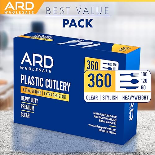 Miniatura 7 de Juego de cubiertos de plástico de 360 unidades, 180 tenedores, 120 cucharas y 60 cuchillos, cubiertos de plástico transparente, juego de utensilios