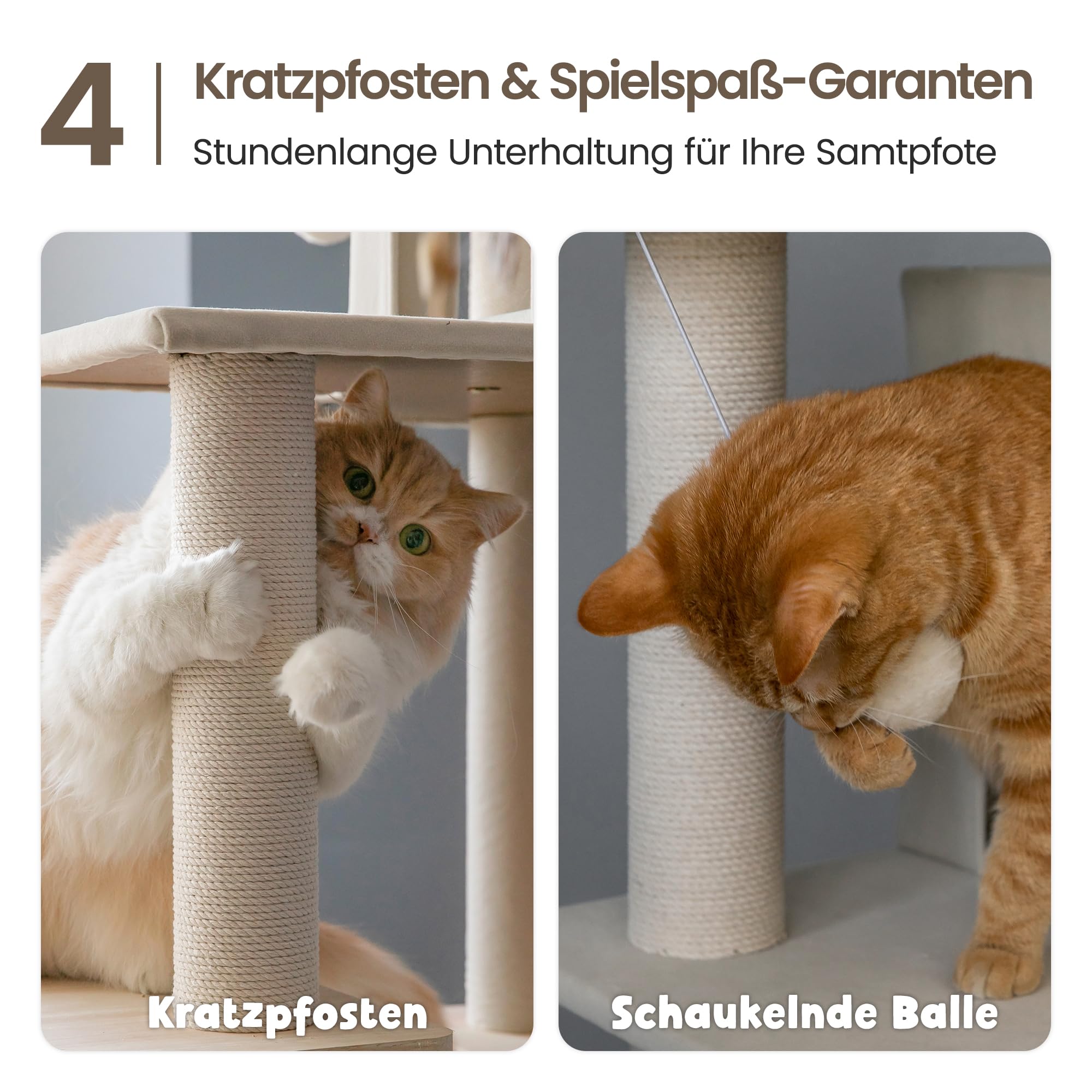 Moderner Kratzbaum, 178 cm Großer Katzenturm aus Holz für Wohnungskatzen, Mehrstöckiges Hochhaus-Katzenhaus mit Kratzpfosten, Gepolsterten Liegeflächen, Hängematte, Spielzeug zum Jagen, Beige