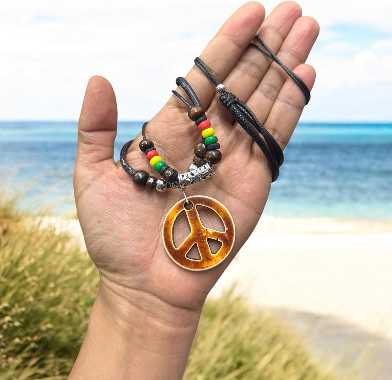 LAVIP Leather Peace Sign Pendant Double Layers Peace Symbol Brown Pendant Necklace Coconut wood Beads - Image 3