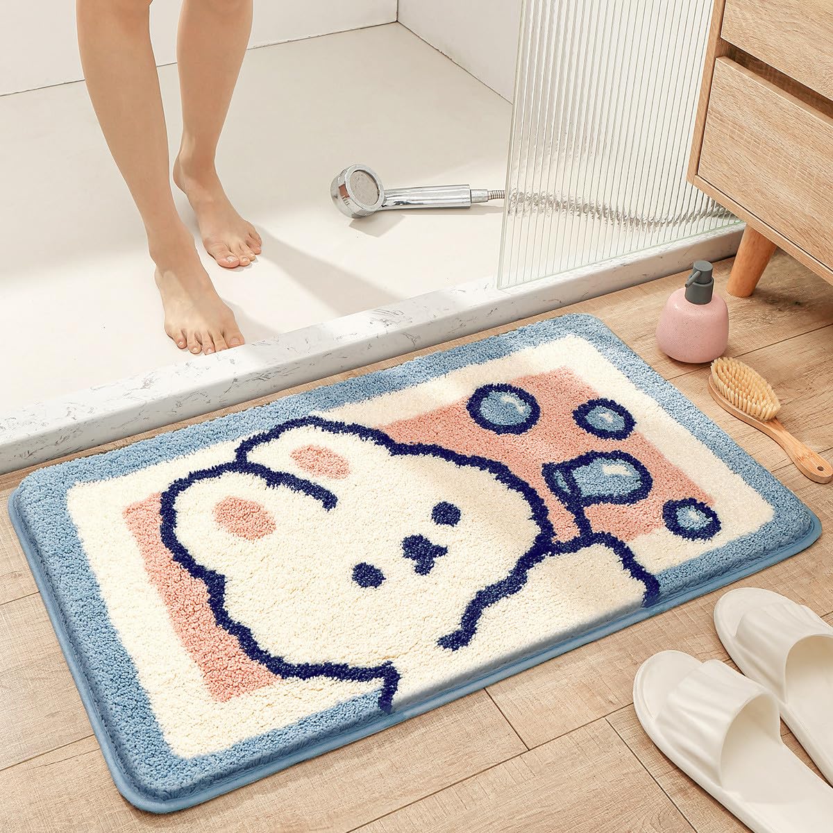 Molesun Tappeto da bagno a forma di coniglio, extra morbido e assorbente, lavabile in lavatrice, asciugabile in lavatrice, tappetino antiscivolo per vasca, doccia e bagno, 40,6 x 61 cm