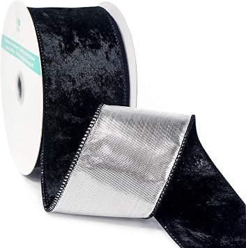Black Velvet with Silver Metallic Backing Wired Ribbon 2.5 Inch x 10 Yards for Christmas Tree Topper Home Decoration Wreath Gift Wrapping DIY Craft