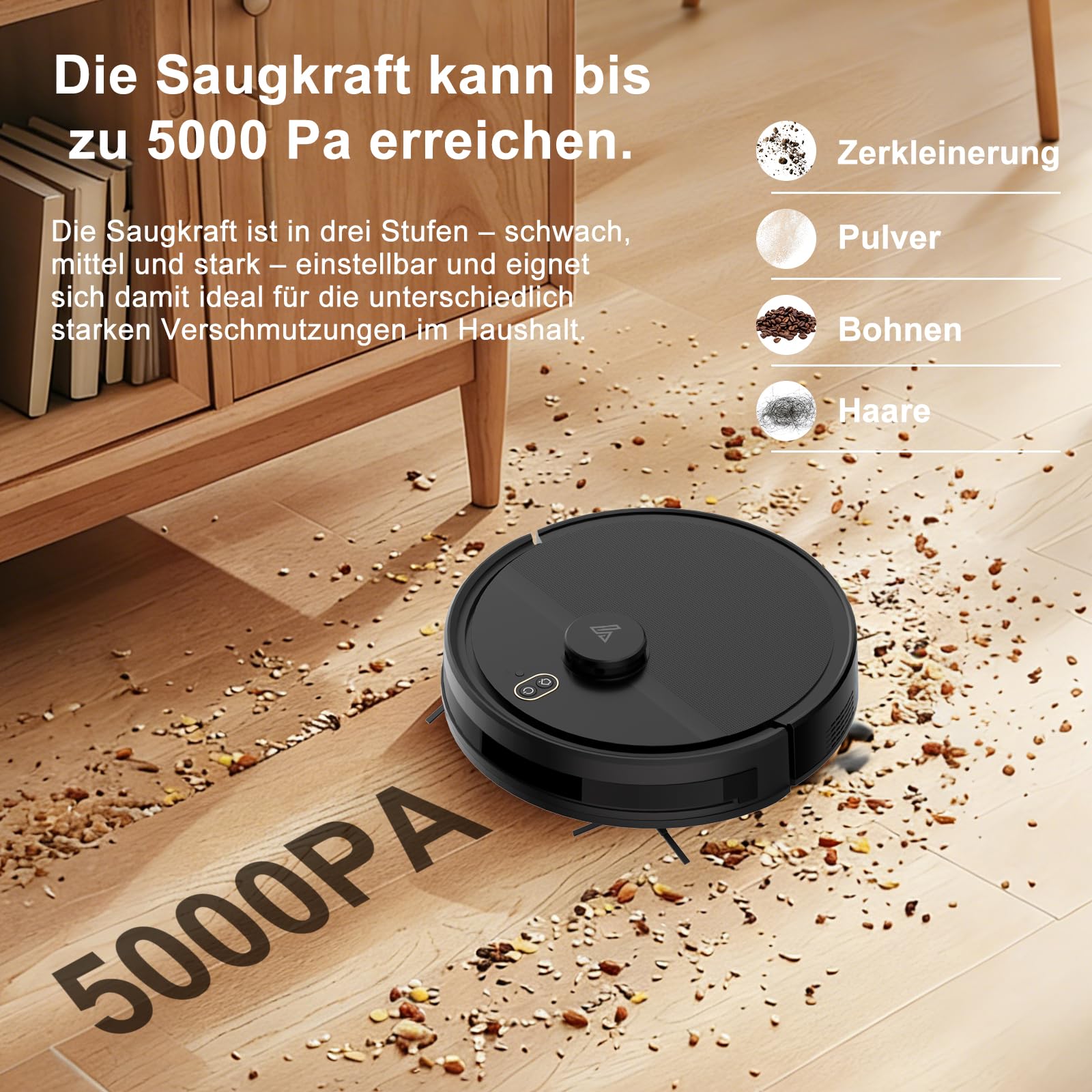 Saugroboter mit Wischfunktion bis zu 5000Pa LiDAR Navigation 5 Karten | 2 in 1 Staubsauger Roboter Sturzsicherung, Selbstladend, Teppichen mit Kurzem Flor und Harten Böden, App/Alexa-Schwarz