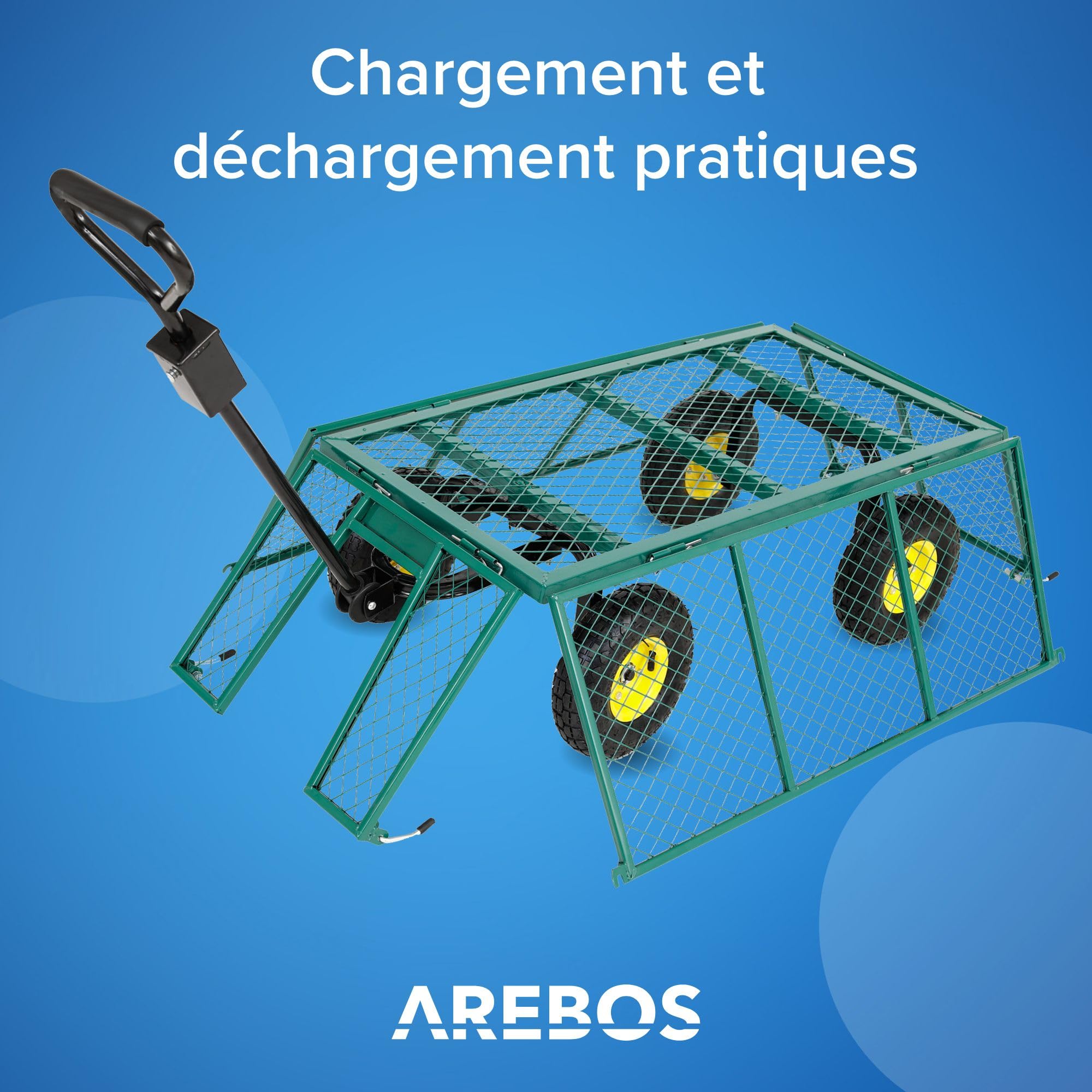 Arebos Chariot à Bras | Chariot de Jardin | avec pneus profilés | Charge Max. 550kg | Pliable | Vert | bâche Amovible | poignée et Timon Inclus | Chariot Plate-Forme