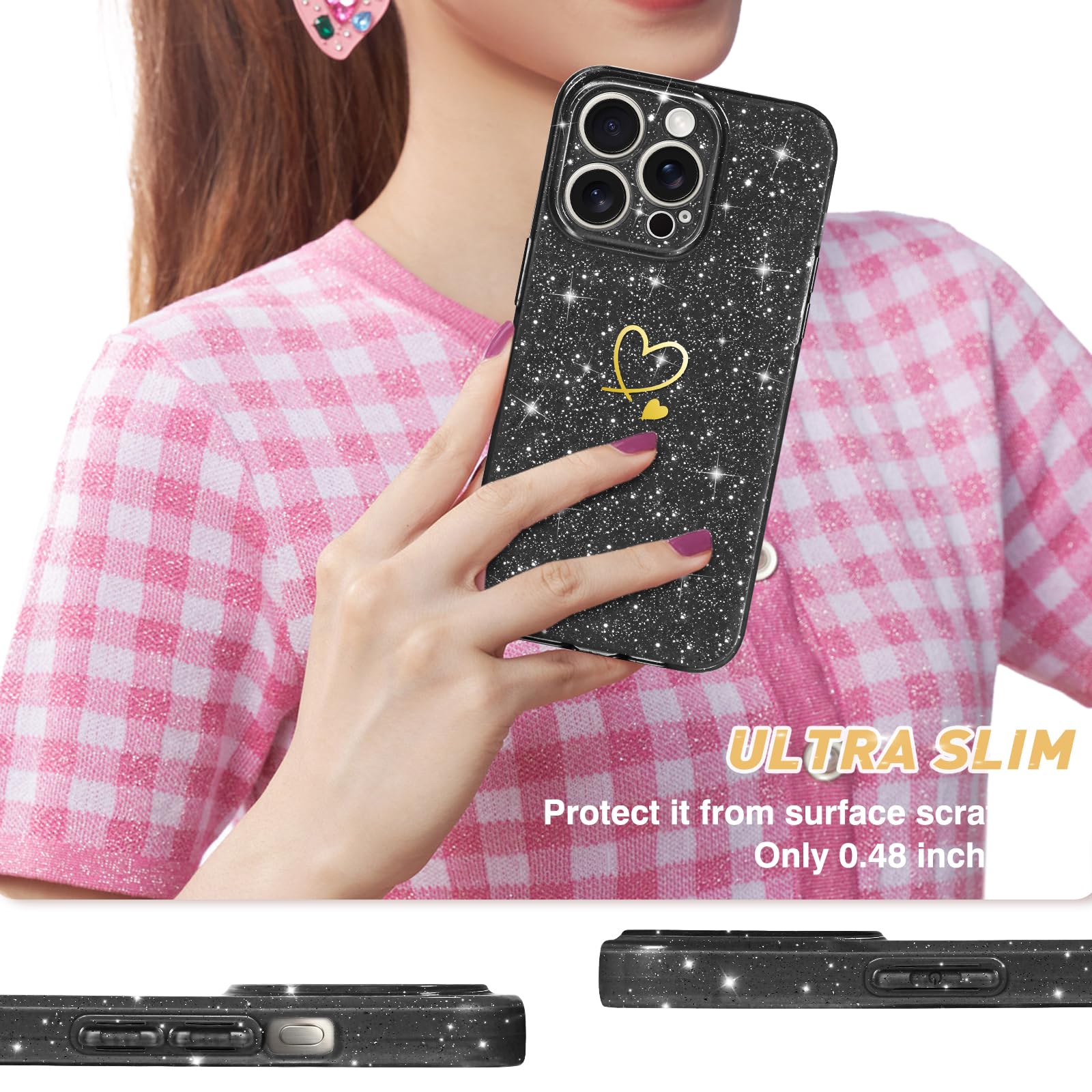 Lonrapa 2 Pezzi Cover per iPhone 15 Colori Amore Cuore Motivo Design Morbido Placcatura TPU Custodia per iPhone 15 Specchio Silicone Antiurto Protettiva Case per Ragazze - Bianco e Rosa