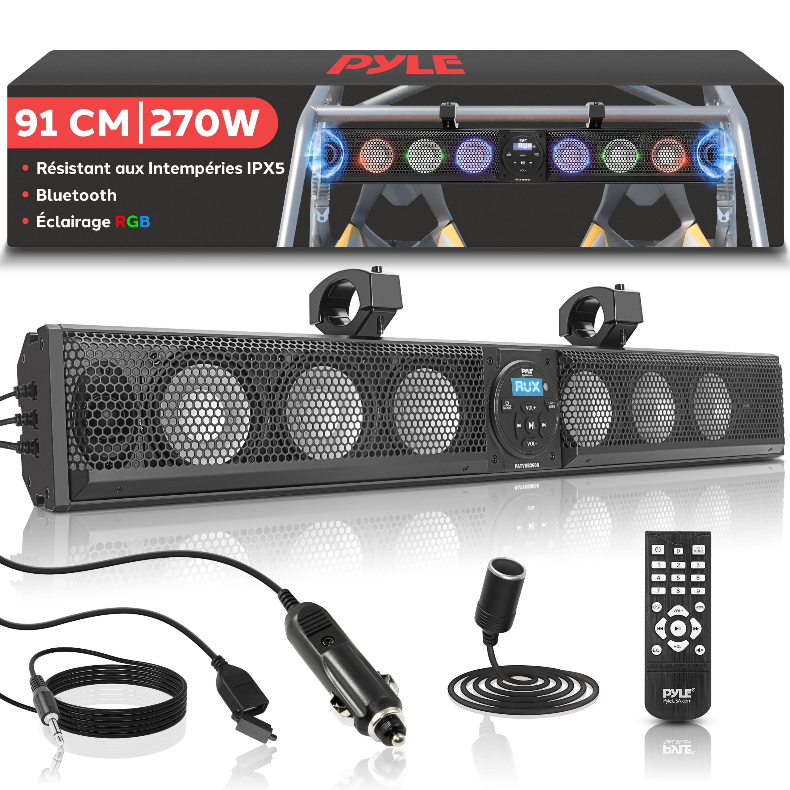 Pyle Barre de Son Marine de 91,4 cm pour VTT/UTV avec Bluetooth, 270 W, amplificateur intégré, woofer 6 x 4, hauteurs 2 x 1, télécommande, entrée USB/AUX, Support de Guidon