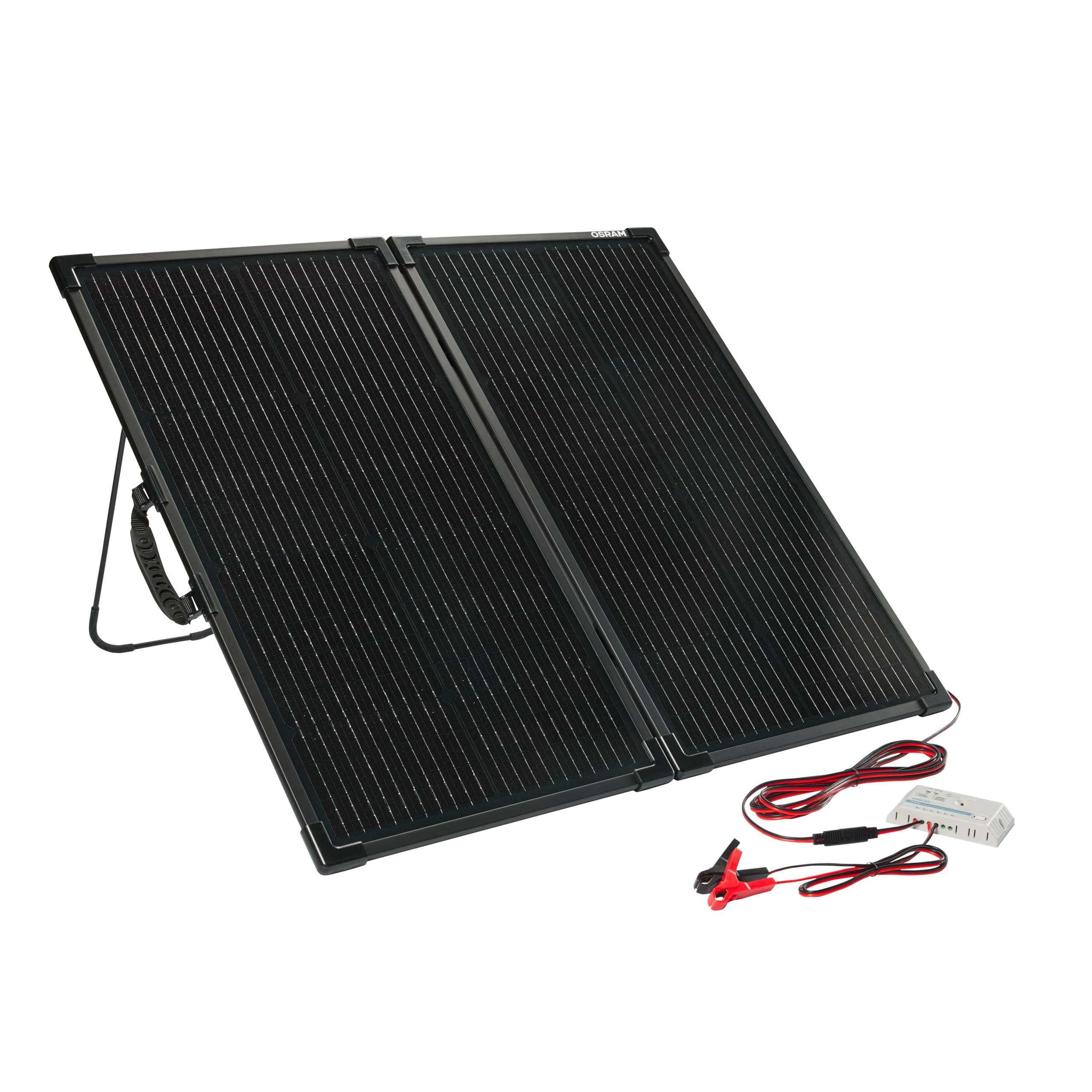 OSRAM BATTERYcharge SOLAR 100W, pannello solare portatile per alimentazione off-grid, mantenitore di carica, pannello solare pieghevole con supporto integrato, protezione da sovraccarico