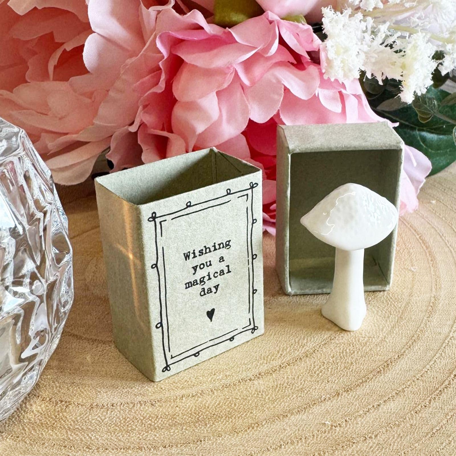 East Of India White Porcelain Mini Matchbox Wishing A Magical Day Mushroom