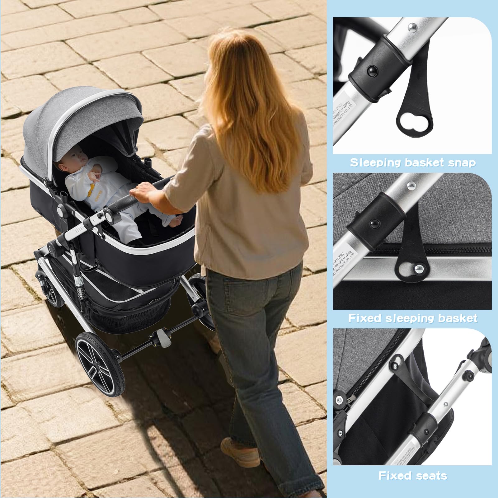 Cochecito Bebe 3 Piezas, el Chasis es de Aluminio, la Cesta Portabebés es de Tela 600D, Silla de Paseo Plegable, incluye Cubierta Para la Lluvia y Mosquitera, Negro