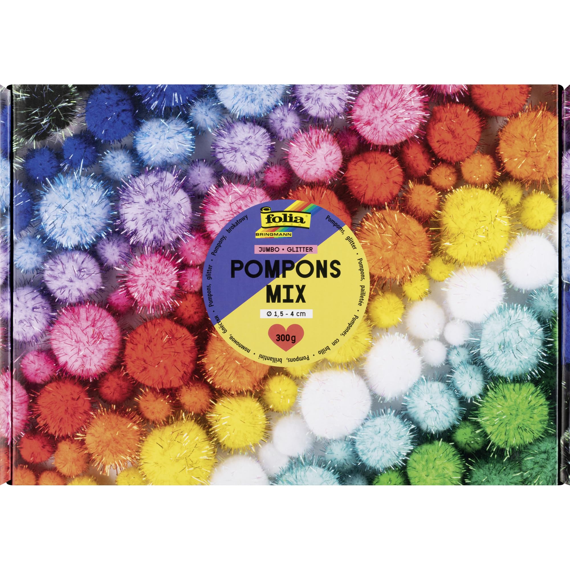 folia 50339 50339 Pompoms Mix Jumbo Glitter, 300 g Pompoms in 12 Colours, Approx. 730 Plush Balls, 5-4 cm, for Crafts, Decorating and Decorating, Multicoloured, Diameter 1.5-4 cm