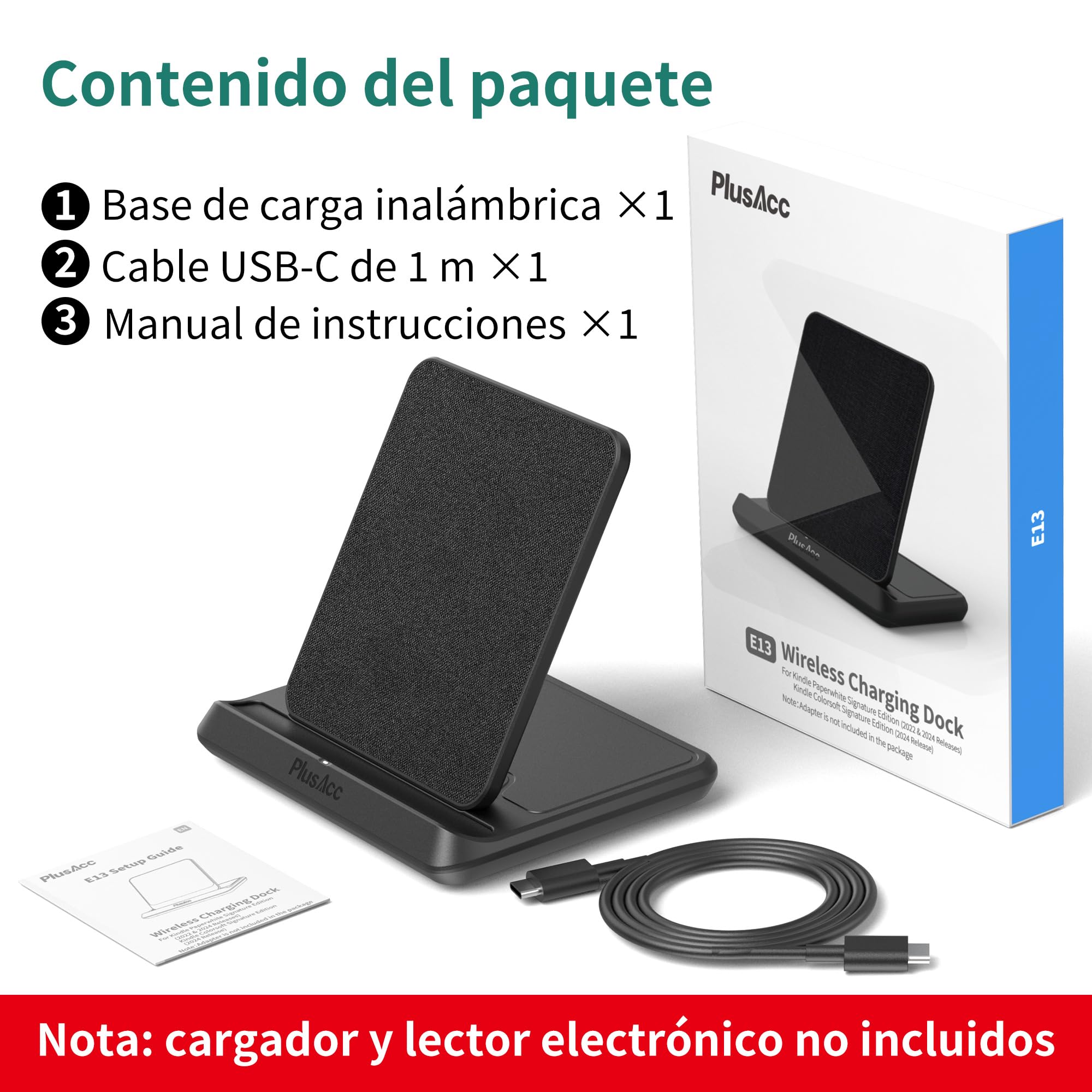 PlusAcc Estación de carga inalámbrica para Kindle Paperwhite Signature Editions (2022 y 2024) y Colorsoft Signature Edition y smartphones, soporte de carga plegable, compatible con iPhone 14 Pro Max