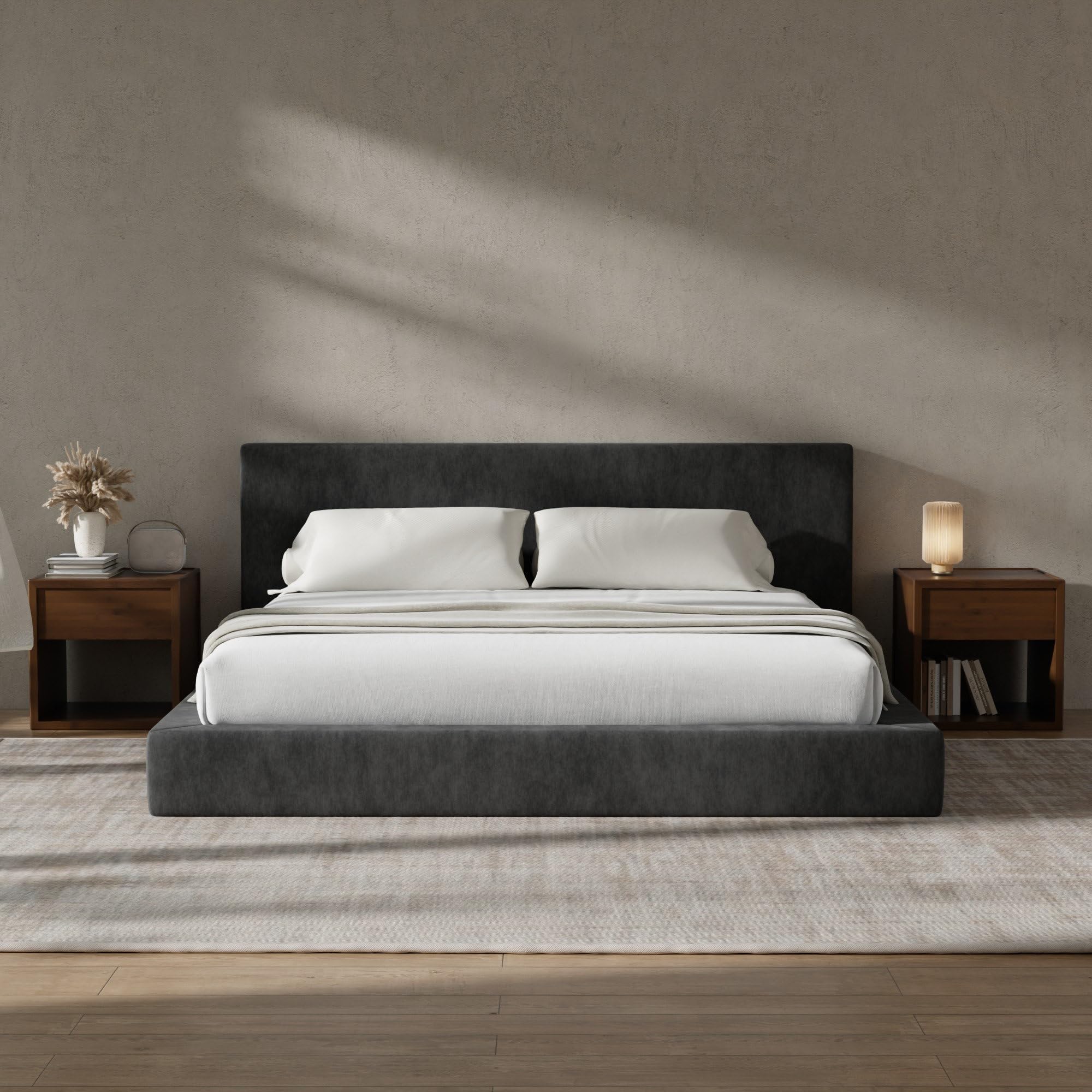 RECCI Cloud Polsterbett 160x200 cm mit gepolstertem Kopfteil, 5 cm weiche Schaumstoffpolsterung, doppelbett ohne Boxspring, leises Bettgestell im Schlafzimmer, familienbett (Schwarz) (160x200cm)