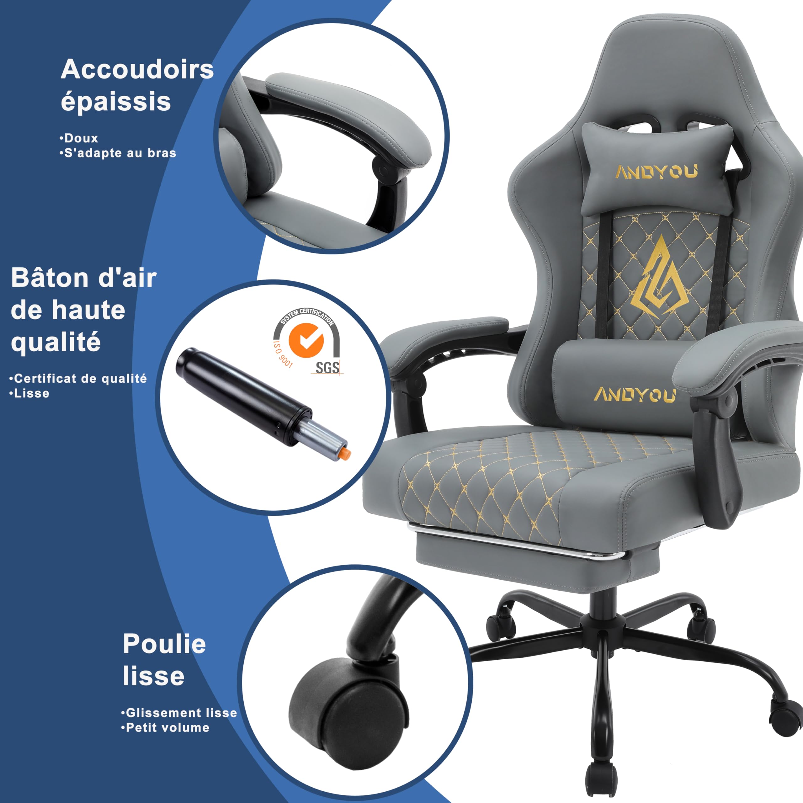Andyou Silla Gaming Ergonómica Profesional con Soporte Lumbar - Silla Gamer para Adulto, Giratoria y Reclinable con Reposapiés Ajustable y Tela Transpirable, Soporte 150 kg para Oficina y PC
