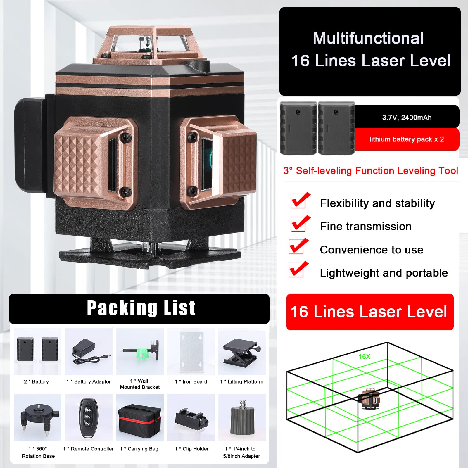 Niveau Laser 360° Geevorks Niveaux Laser 360 4D 16 Lignes Autonivelant 25m Lazer Niveaux Verte 520 Nm,1 * Batterie,Support Mural,Lignes Horizontales Verticales Avec Fonction d'Auto-Nivellement à ±3°