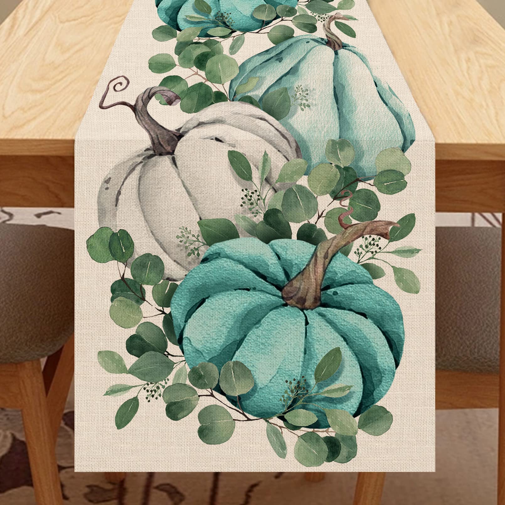 Seliem Fall Pumpkin Eucalyptus Leaves Table Runner, Thanksgiving Watercolor Blue Teal Scarf Home Kitchen Decor, Autumn Farmhouse Rustic Burlap Dining Decoration Indoor Outdoor Party Supply 13x72 Inch