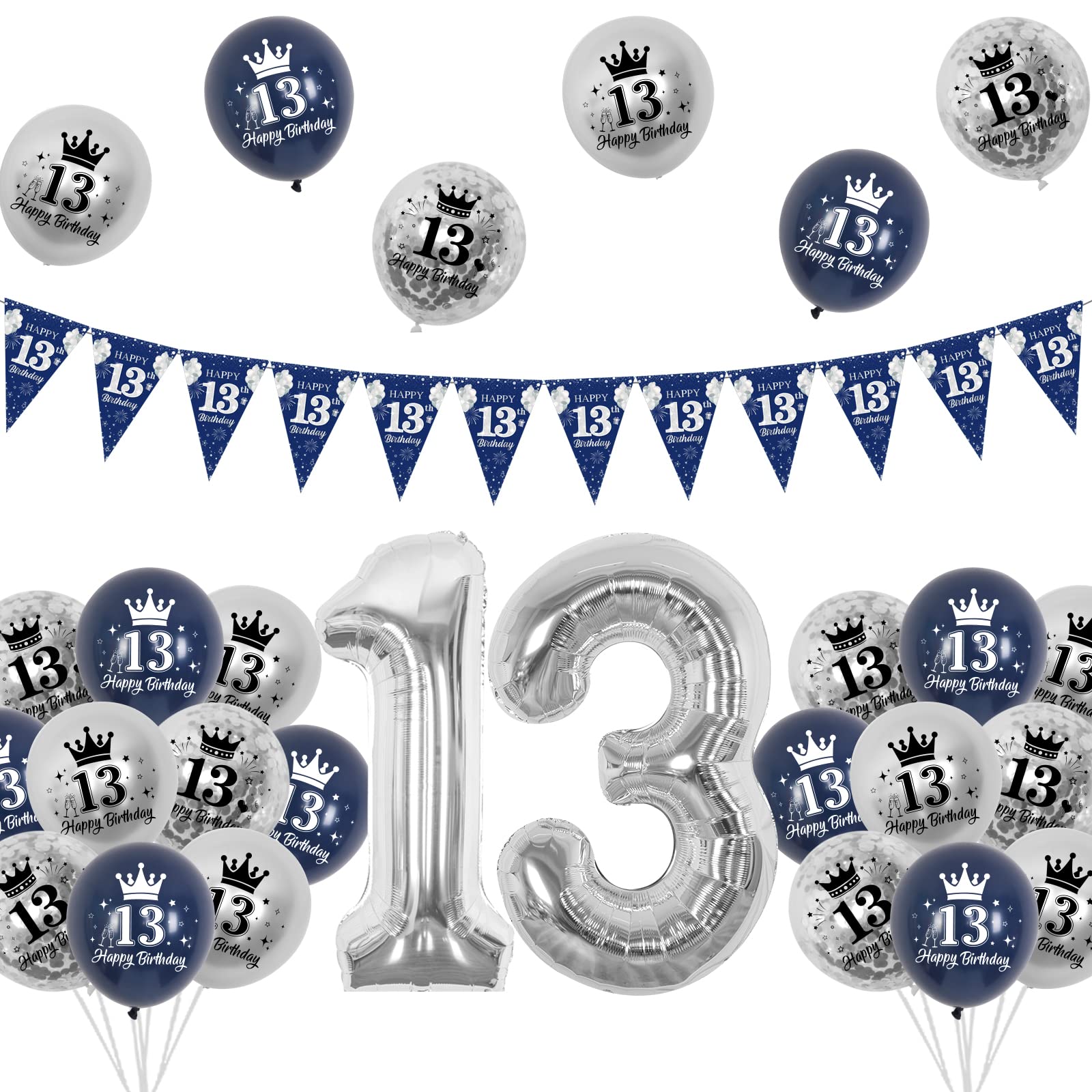 13th Birthday Decorations Blue and Silver for Boys Girls, Navy Blue Happy 13th Birthday Bunting Banner and Balloons, Silver 13 Foil Balloon for Official Teenager Birthday Anniversary Party Supplies