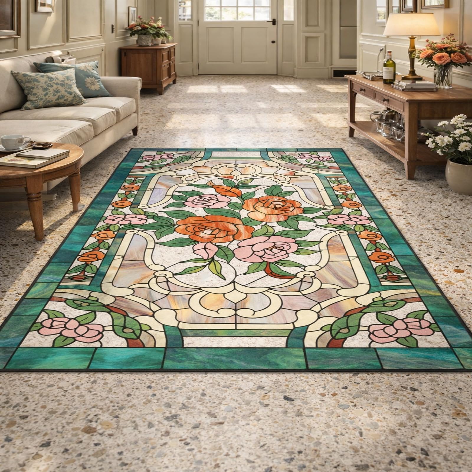 Alfombra de área 160x200 cm lavable Rururug de pelo corto y antideslizante verde para salón