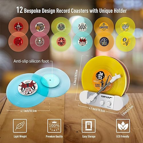 Miniatura 3 de Divertidos posavasos retro para discos de vinilo, juego de 6 posavasos creativos con soporte para tocadiscos de vinilo para amantes de la música,