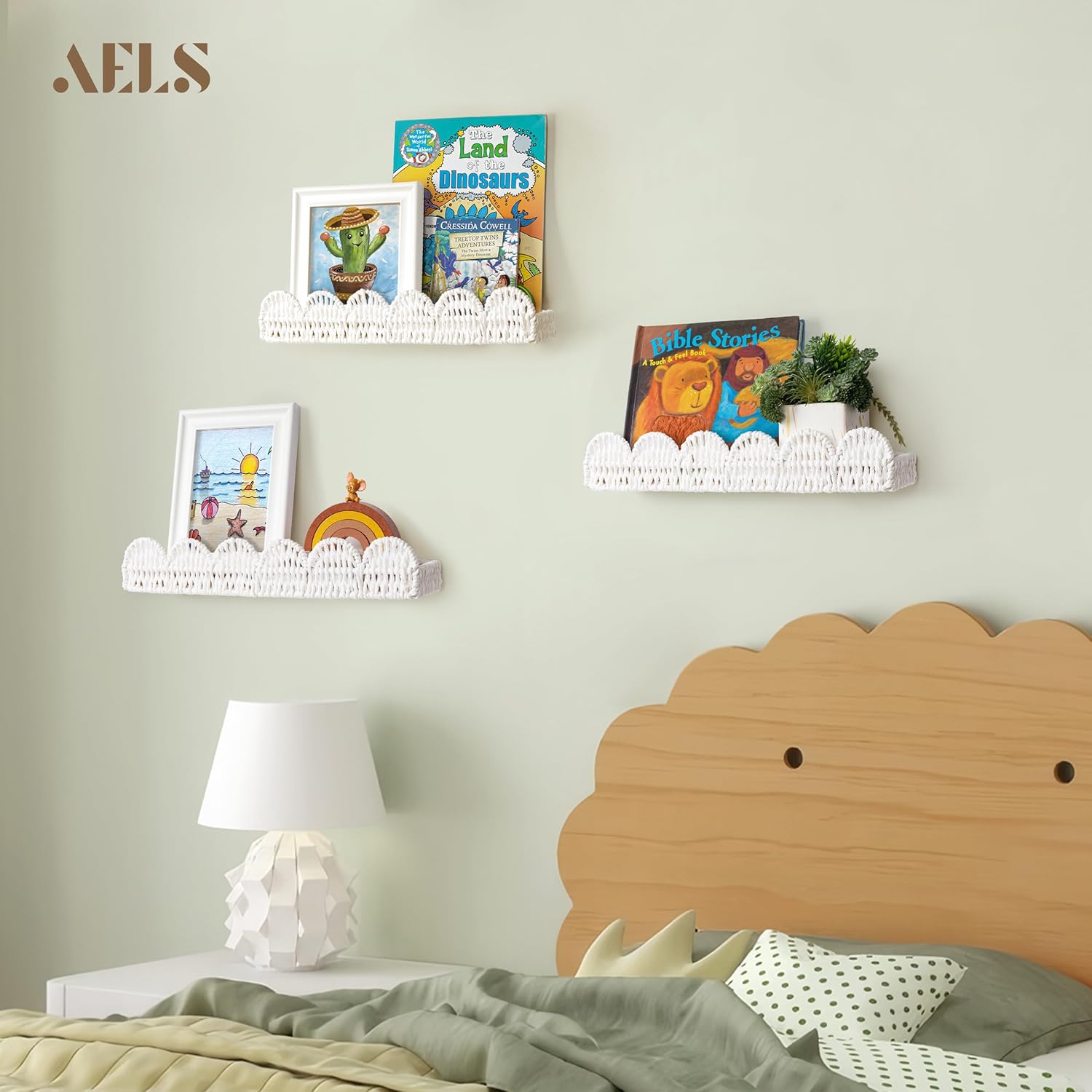 AELS Scalloped Nursery Bookshelf, Set of 3, Picture Ledge Shelf for Wall Decor, Woven Natural Fibre Floating Shelves for Books, Toys, Photo Frames, Nursery, Boho Modern Farmhouse Book Shelf, White