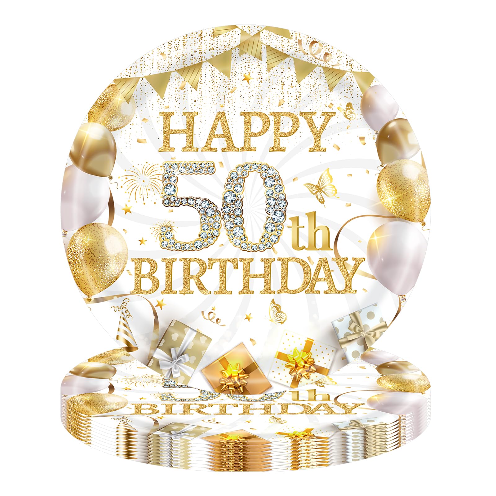 YESAH 16 Pcs Birthday Party Paper Plates,50th White Gold Paper Plates for Birthday,9in,Party Plate for Men,Women,Him,Her Birthday Party Decorations and Supplies Table Decor for 16 Guests — image 1
