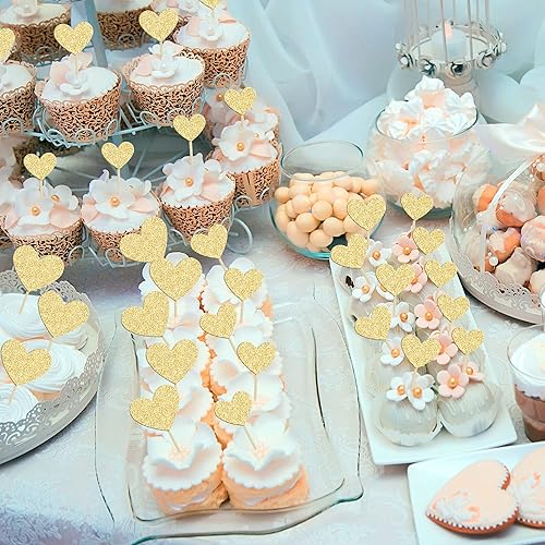 Miniatura 6 de Gyufise 30 piezas de decoración de cupcakes de corazón con purpurina dorada para decoración de tartas de corazón boda compromiso despedida de
