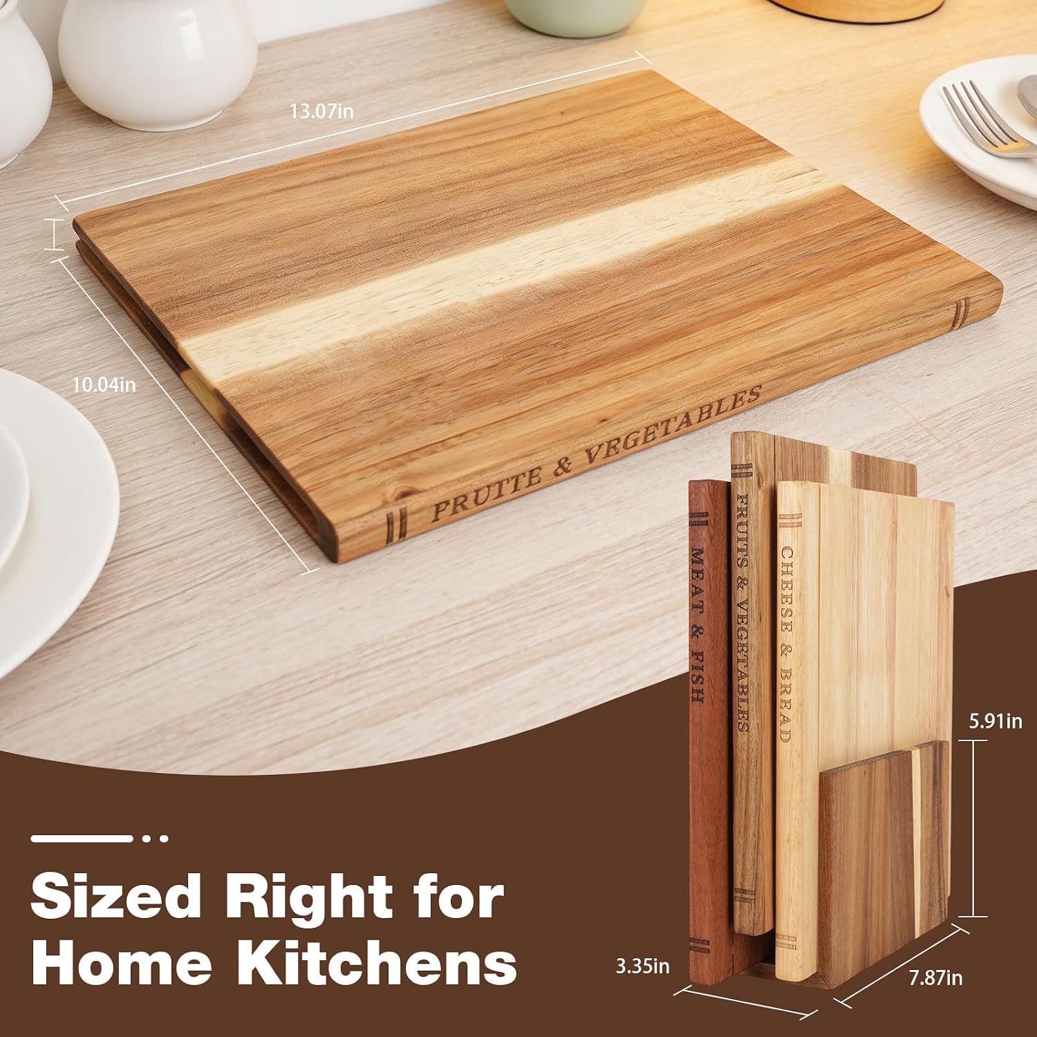 Book Cutting Board Set of 3 with Stand, Acacia Wood Cutting Boards That Look Like Books, Labeled for Meat & Fish, Cheese & Bread, Fruits & Vegetables, Decorative Kitchen Gift for Book Lovers
