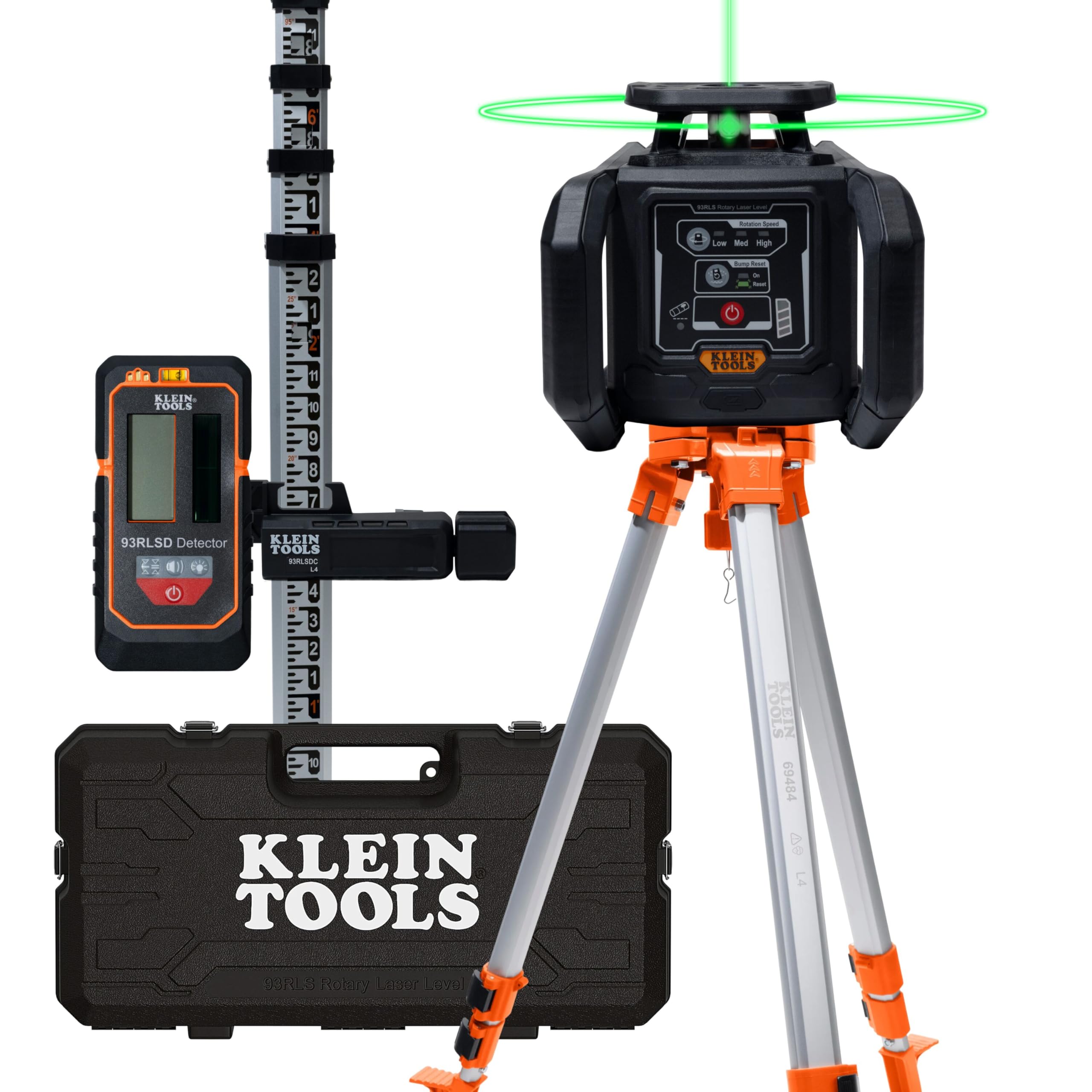 Klein Tools 93RLS Green Self-Leveling Rotary Laser Level Kit, Horizontal/Vertical with Plumb Spot, 1150-Foot Range, Rechargeable, Tripod, Detector, 9-Foot Grade Rod, Carrying Case, ≤ 5mW Class 3R