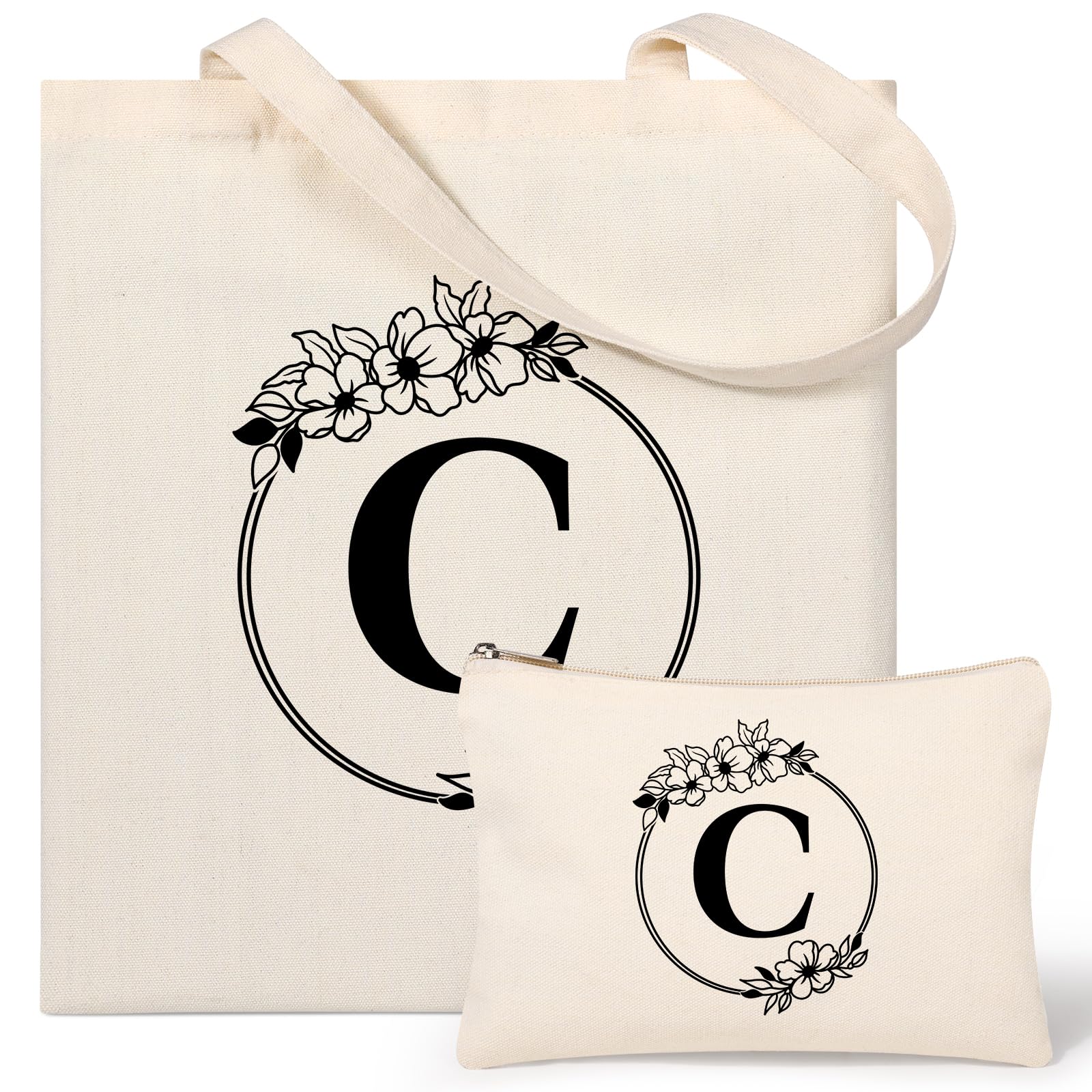 Tecanne Personalised Initial Canvas Tote Bag and Makeup Bag Set, 26 Letters Monogrammed Cotton Reusable Bags for Beach Travel Work School, Gift for Women Mum Teachers Nurses (C)