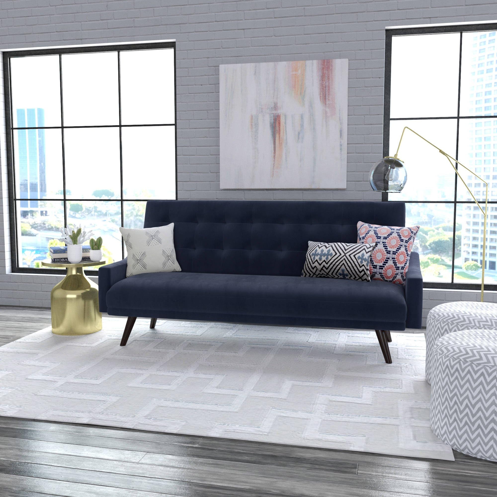 Oakland Click Clack Stylish and Modern Tufted Futon Sofa Bed (Navy Blue Velvet)