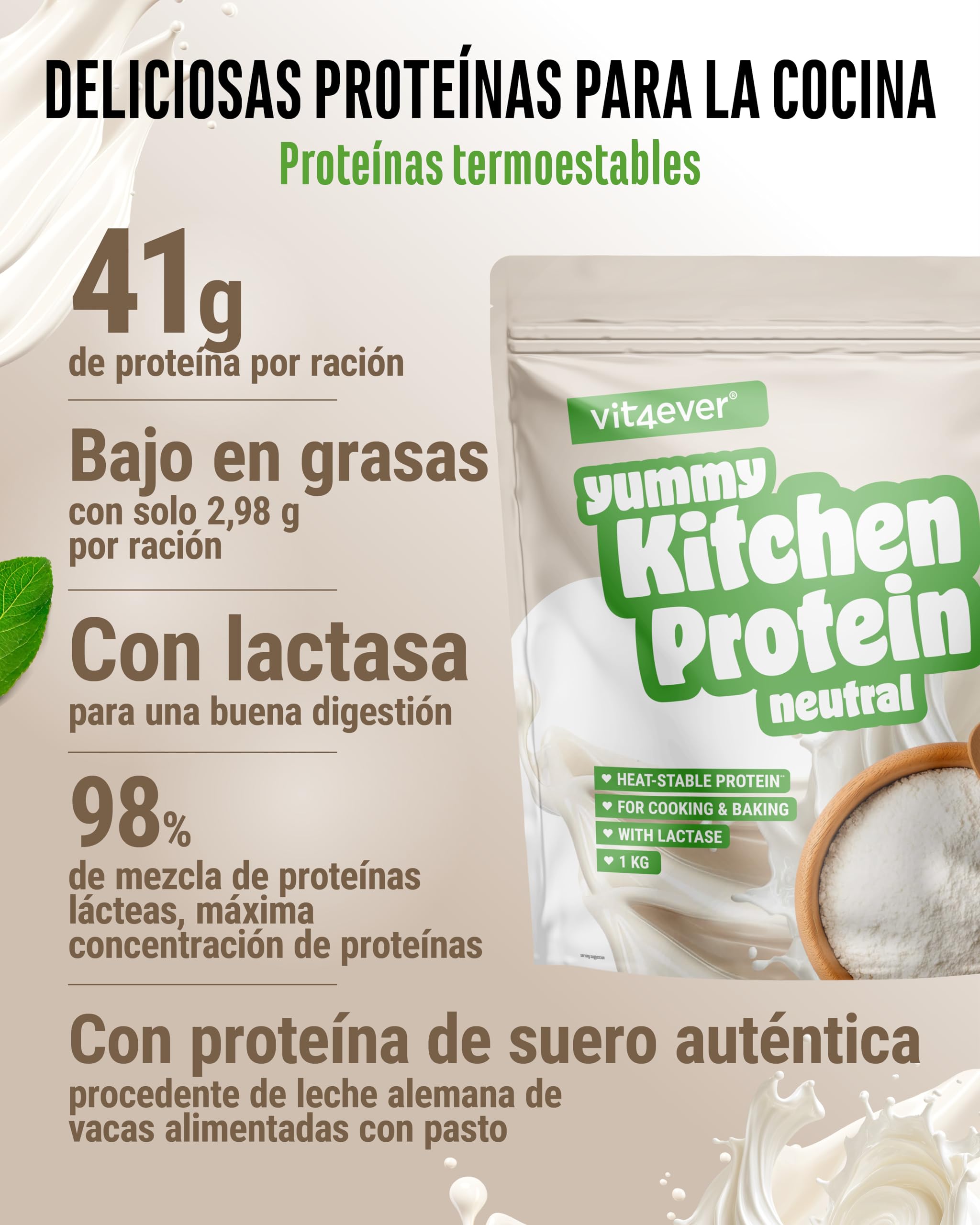 vit4ever Yummy Kitchen Protein - 1000 g - 82% Proteína - Sabor Neutro