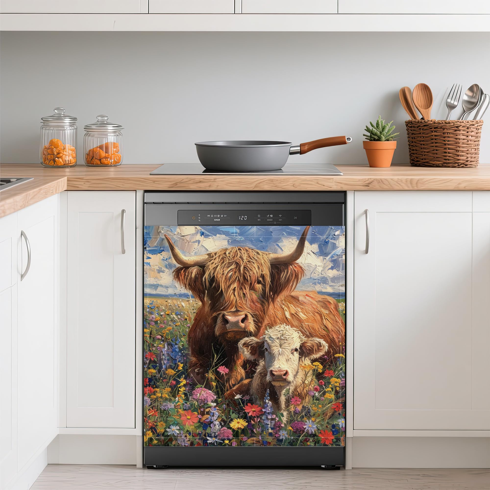 Highland Cow Dishwasher Covers for The Front Magnetic,Colorful Wildflowers Refrigerator Magnets Decoration,Reusable Dishwasher Cover Panel for Home Kitchen Decor 23x26 Inch