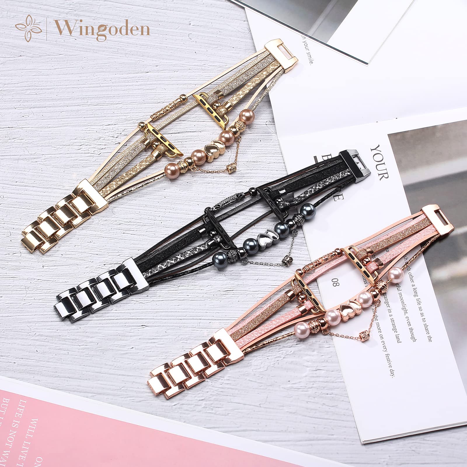 Wingoden Leather Bracelet Compatible with Apple Watch Band Women 42mm 44mm 45mm 49mm, Boho Multilayer Wrap Apple Watch Strap Replacement for iWatch Band Series 8 7 6 5 4 3 2 1 SE Ultra, Black