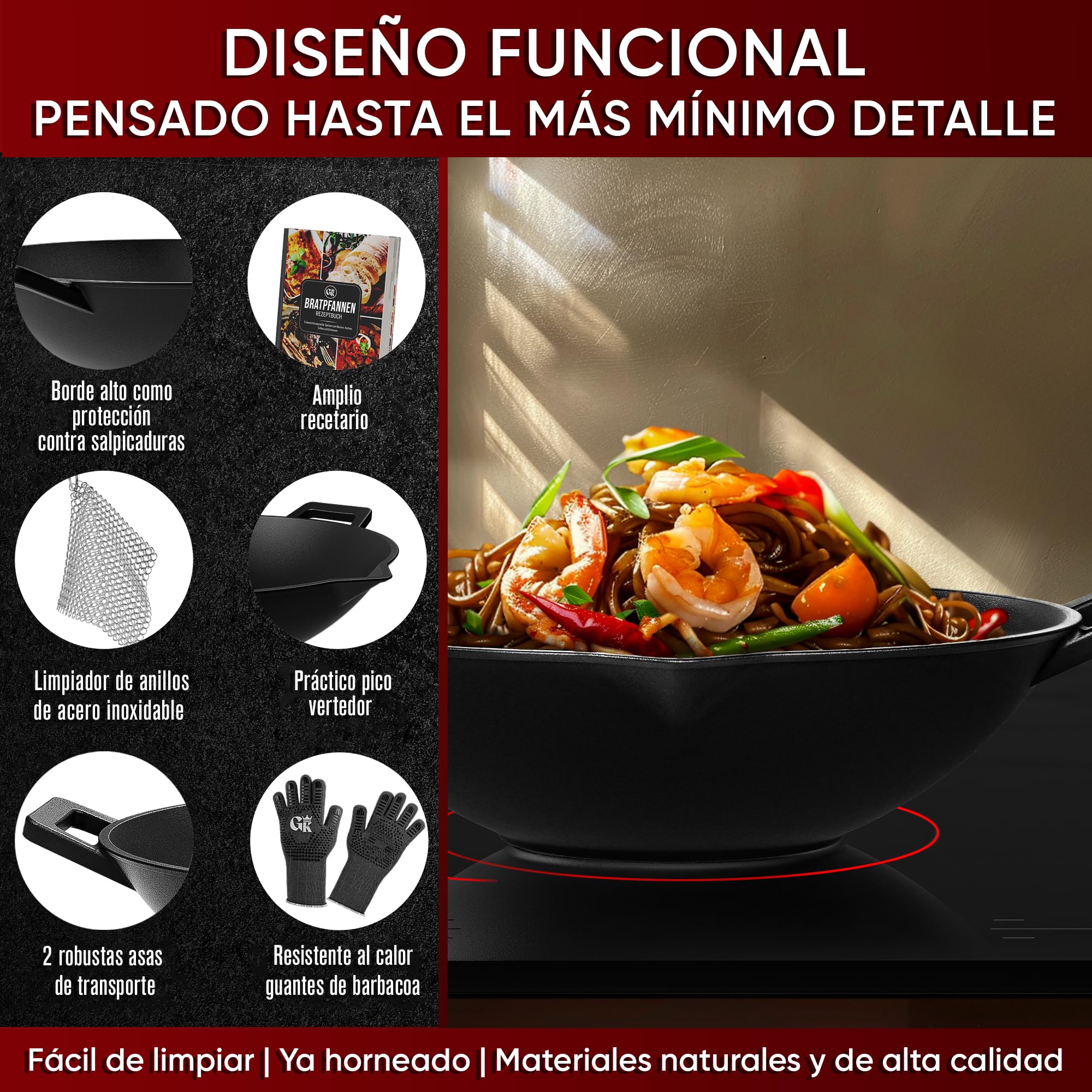 GUSSKÖNIG Wok de Hierro Fundido – sarten wok de 36 cm para Gas, Inducción, Vitrocerámica, Horno y Fogata – Incluye Limpiador de Anillo de Acero, Guantes para Grill y Recetario–Alternativa a Wok Tefal