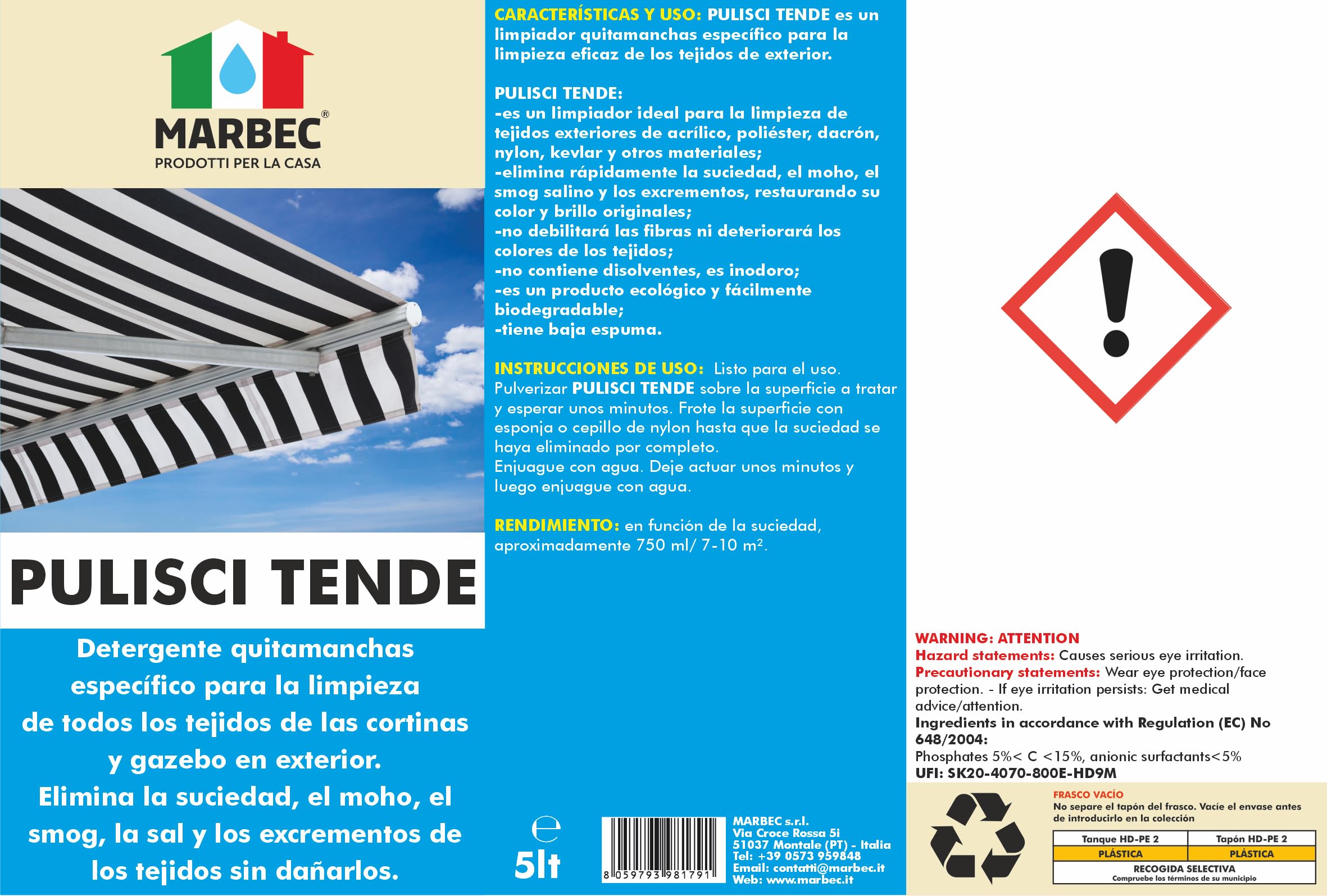 MARBEC PULISCI TENDE 5LTX4UDS Limpiador quitamanchas para la limpieza de tejidos de cortinas y miradores.