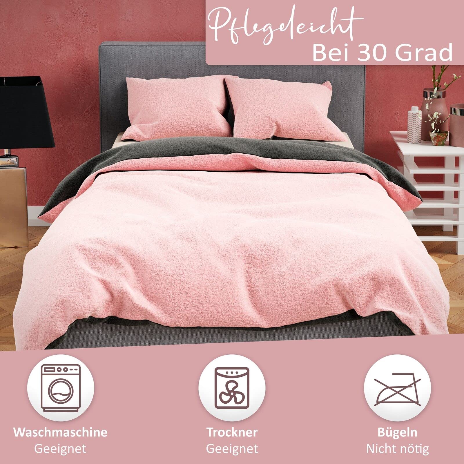 Leonado Vicenti Winter Plüsch Bettwäsche 240x220 cm Premium Cashmere Touch Warme Uni Fleece Bettwaren Bezug Anthrazit Rosa