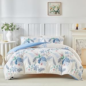 Wajade Botanical Duvet Cover King Set 3 Piece Soft Microfiber Bedding with Hidden Zipper, Blue Floral Pattern (90"x108" Duvet + 2 Pillowcases 20"x36")