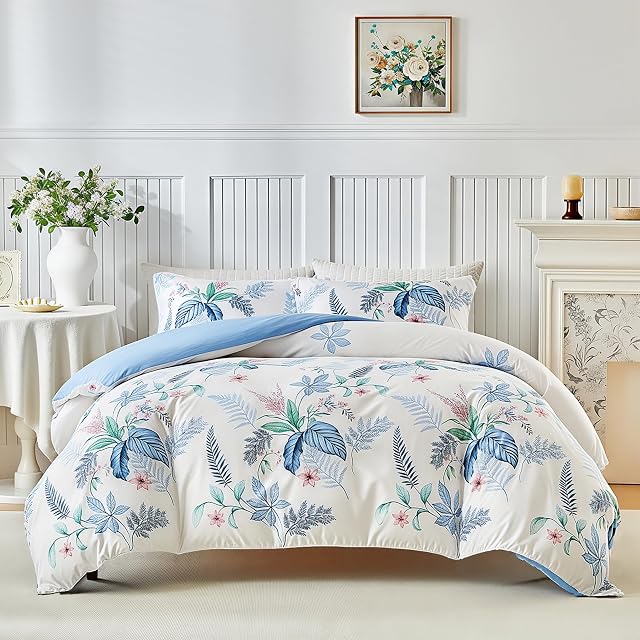 Wajade Botanical Duvet Cover King Set 3 Piece Soft Microfiber Bedding with Hidden Zipper, Blue Floral Pattern (90"x108" Duvet + 2 Pillowcases 20"x36")