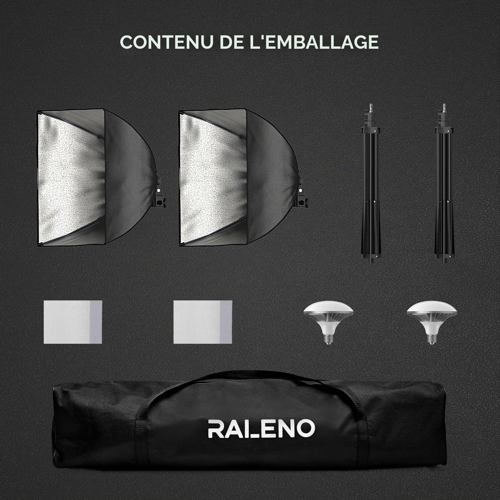 RALENO Softbox, Kit Studio Photo Softbox LED 50W, Lampe de Photographie 50x50 cm avec Ampoules 5500K et Trépied, Lampe Photo pour Photographie de Portrait, Eclairage Vidéo