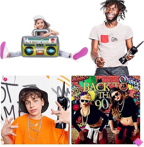 Miniatura 6 de Suministros de decoración para fiestas de los años 90, incluye radio, fondo inflable Boombox, teléfono móvil inflable y globos de cadena de lámina