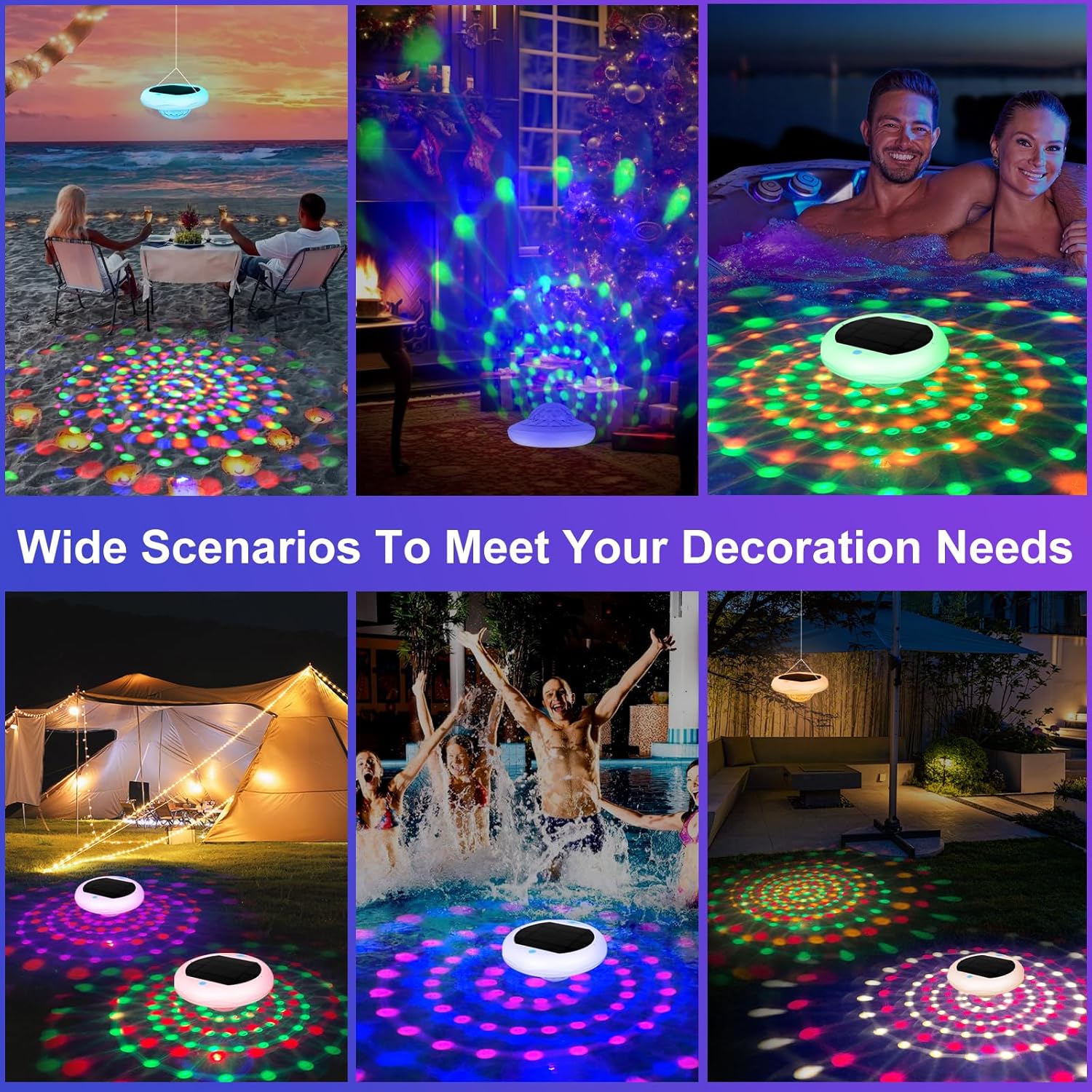 TEPENAR Solar Floating Pool Lights: 2 Pack USB Rechargeable Pool Lights that Float 6 Dynamic Modes with Remote IP68 Waterproof Hang RGB Upper and Lower Floating Light for Pond Garden Party Yard