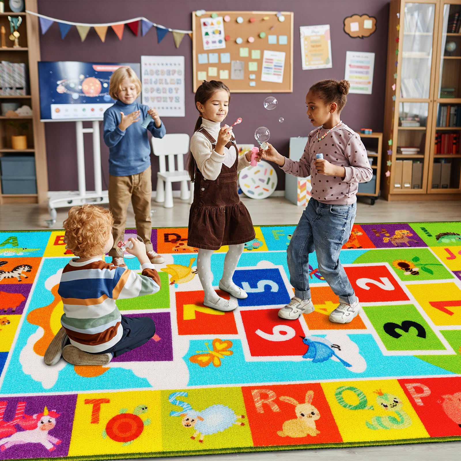 Classroom Carpet Kids Rug,59''X78.7'' ABC Alphabet Animals Hopscotch Rug,Non-Slip Educational Kids Rugs for Playroom,Washable Numbers Learning Classroom Rug for Playroom Kids Room Nursery