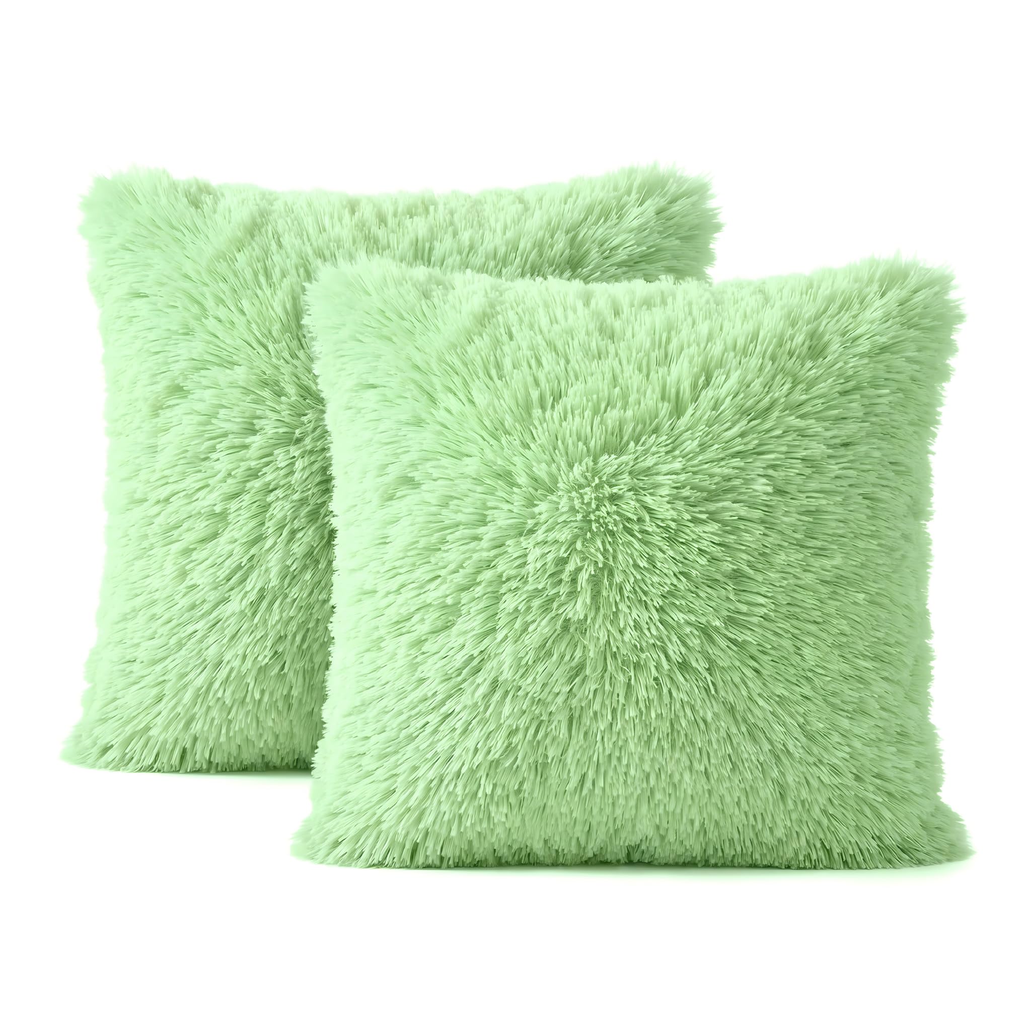 2-Pack Sage Green Cushion Covers 45x45cm, Soft Faux Fur Fluffy Pillow Covers, Wrinkle Resistant & Anti-Shedding Decorative Plush Cushion Covers for Sofa Bedroom Living Room