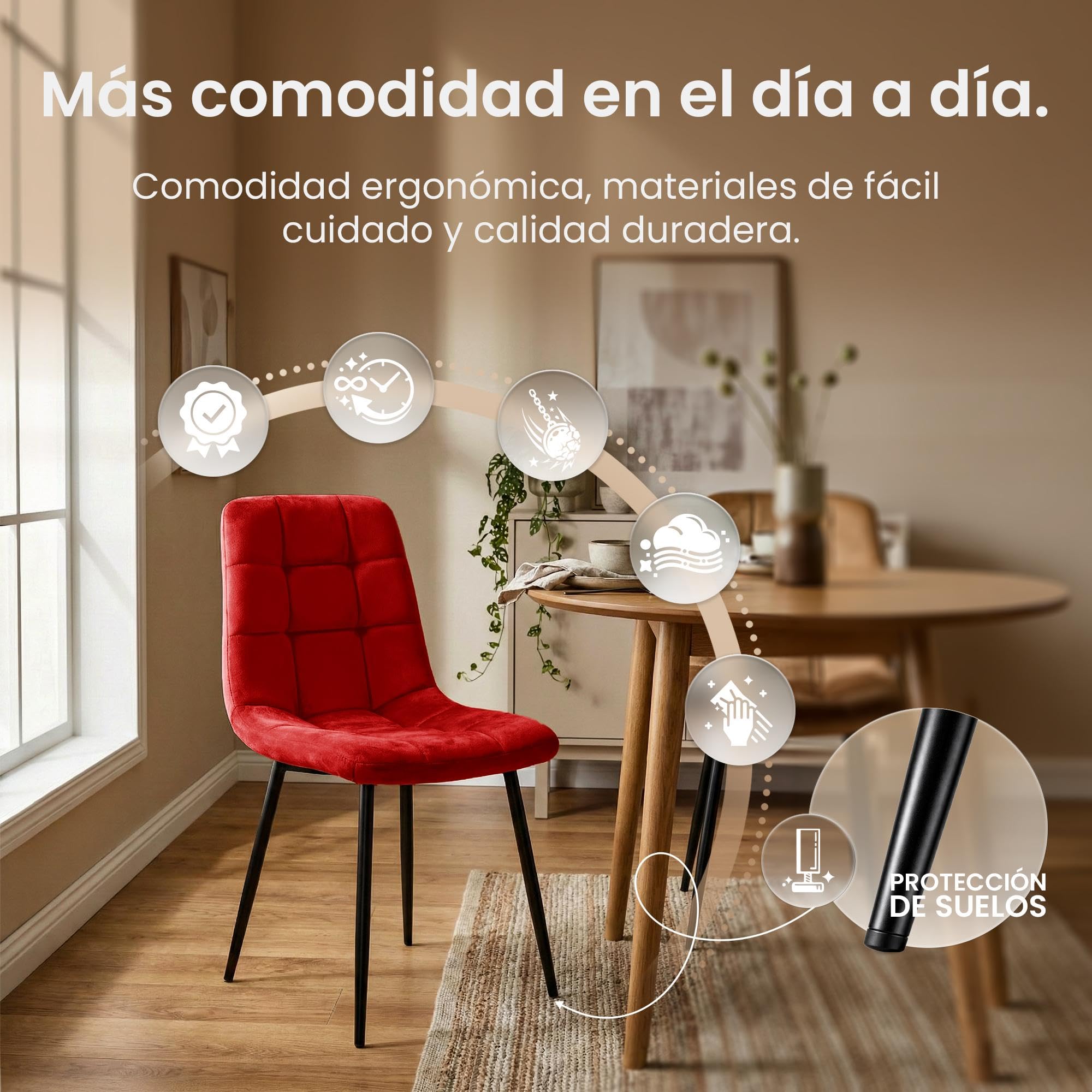 CLP Silla de Comedor tapizada Antibes, Silla de Cocina con Terciopelo, Respaldo y Estructura de Metal Negro, soporta hasta 150 kg Color:Rojo