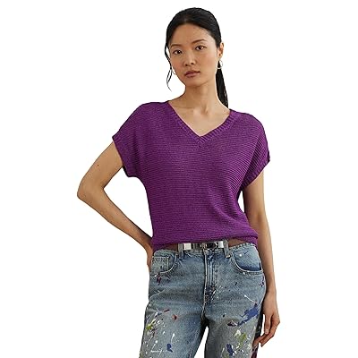 Lauren Ralph Lauren Linen Blend Short Sleeve V Neck Sweater Women