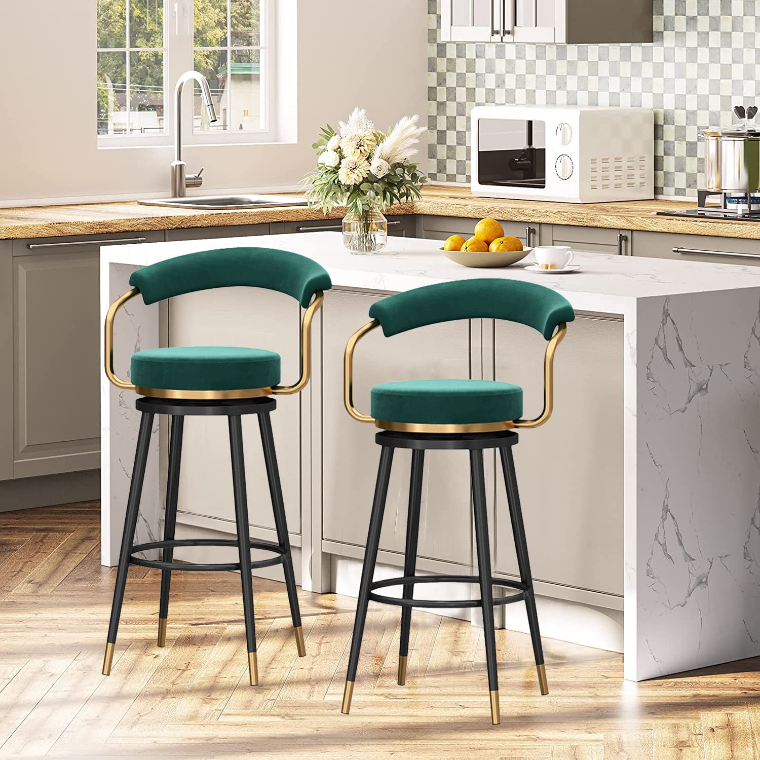 Set Di 2 Sgabelli Da Bar Girevoli In Velluto Nero, Regolabili Da 55 A 83 Cm, Base Cromata, Con Schienale
