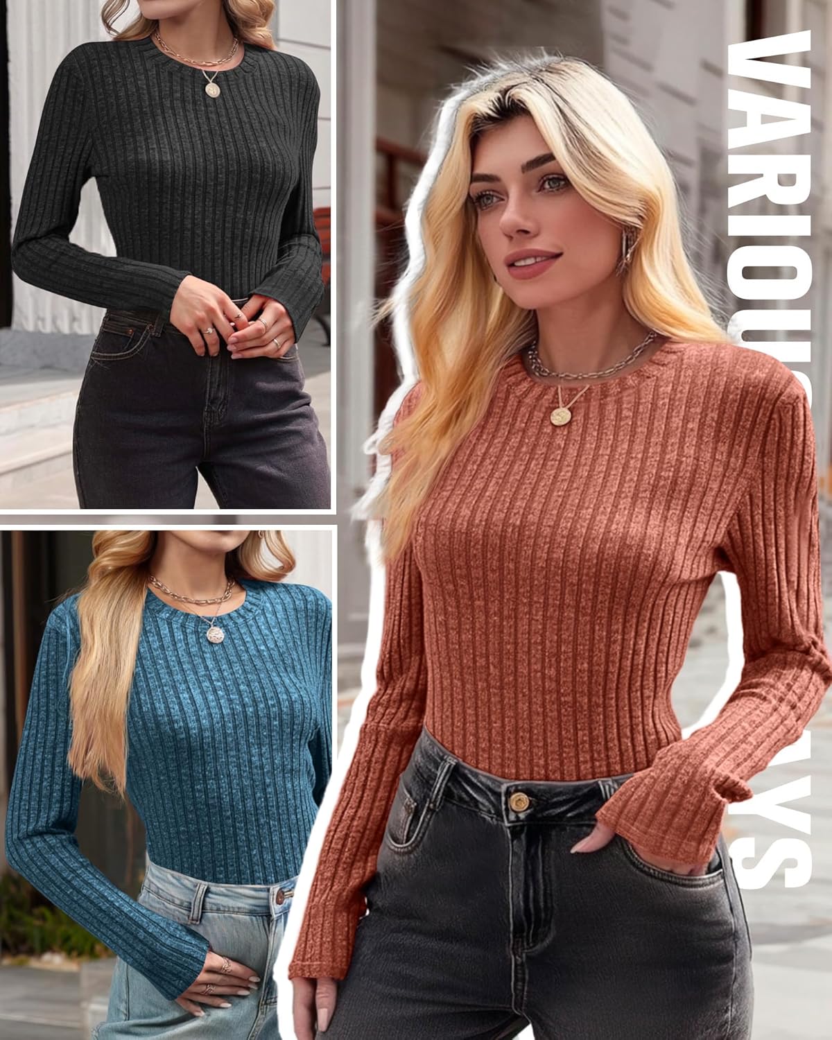 3 Pack Women's Fitted Ribbed Sweaters Tops, Long Sleeve Crew Neck Slim Fit Thermal Fall Winter Base Sweater - Image 5