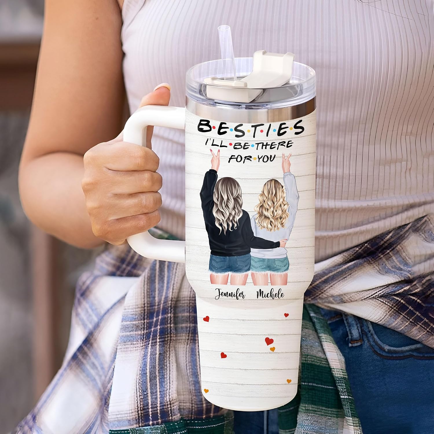 Hyturtle Personalized Bestie Tumbler 40oz with Handle and Straw - Stainless Steel Travel Coffee Cup With Lid - Best Friend Birthday Gifts For Women, Friendship Gifts