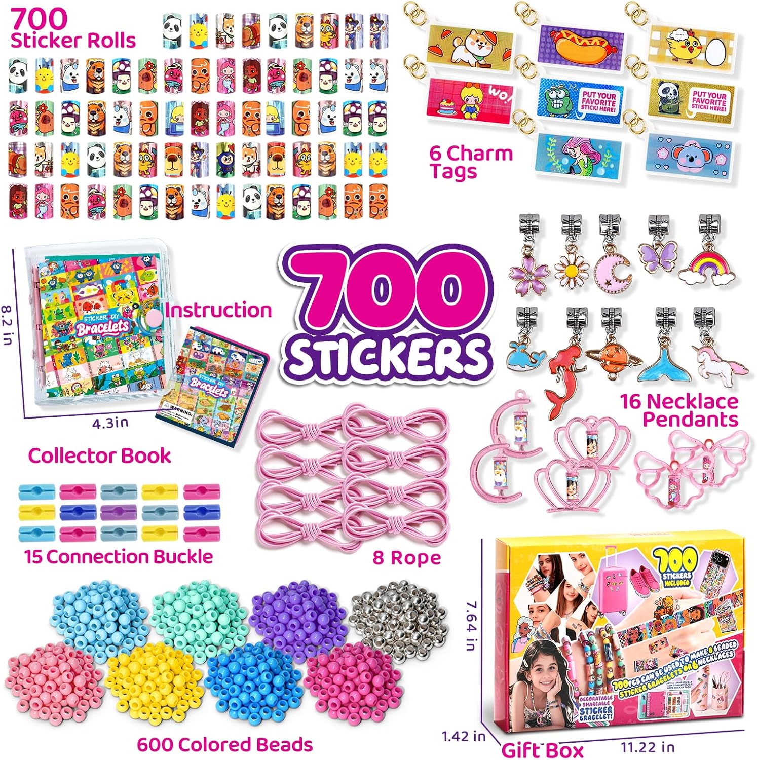Sticky Rolls Bracelet Kit for Kids, Bracelet with 700pcs Reusable Roll Stickers, 16 Pendants, Colorful Beads, Collection Book, DIY Bracelets & Necklaces, Shareable Jewelry Making Kit for Girls