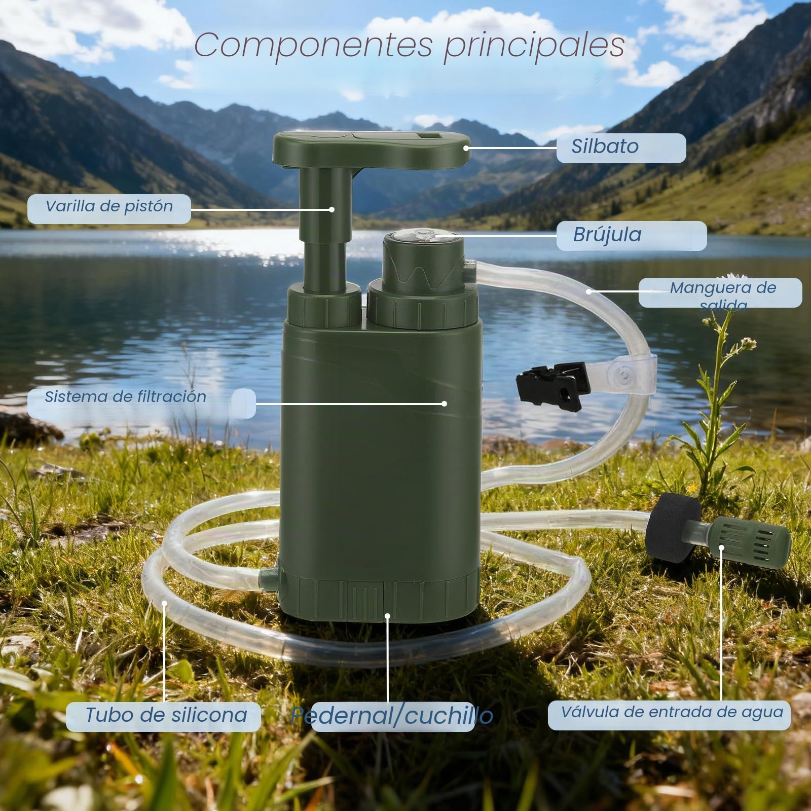 Filtro de agua de supervivencia para acampada, senderismo y trekking,filtro de 0,01 micras,filtro de agua de supervivencia de 2000 ml,filtro potabilizador de agua para acampada y emergencias