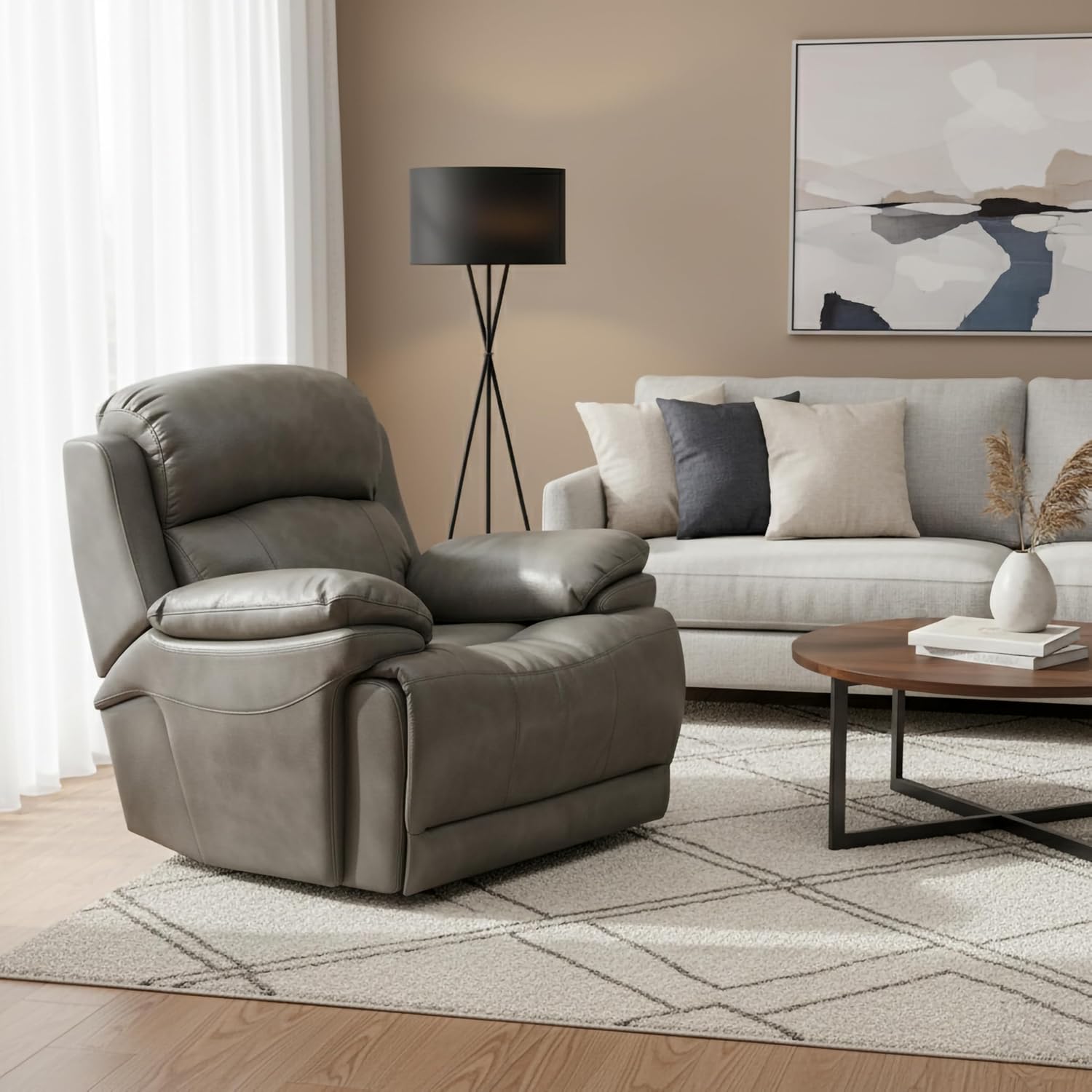 AC Pacific Estella Collection Contemporary Upholstered Leather Recliner Chair, Gray