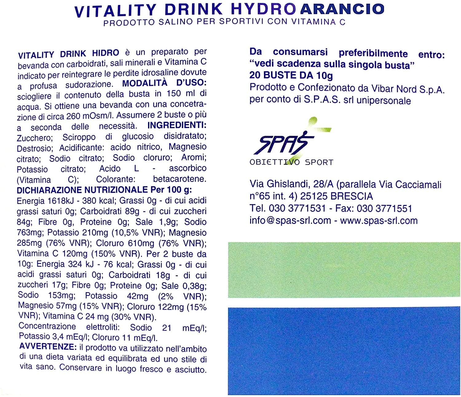 SPAS Vitality Drink integratore con magnesio, potassio, vitamina C ed E bevanda isotonica con maltodestrine sali minerali per sport e attività fisica e lavori faticosi | arancia | 10g x 200 pz